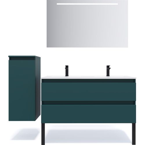 Meuble De Salle De Bain Double Vasque 120cm 2 Tiroirs Bleu + Miroir - Hudson