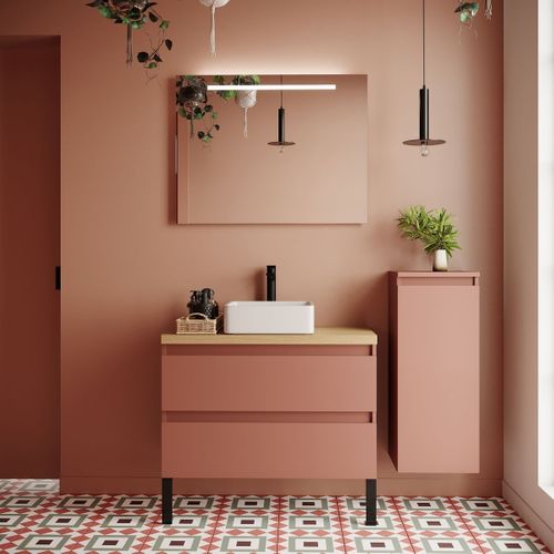 Ensemble Salle De Bain Vasque Posée 90cm 2 Tiroirs Abricot + Miroir + Colonne Droite - Hudson