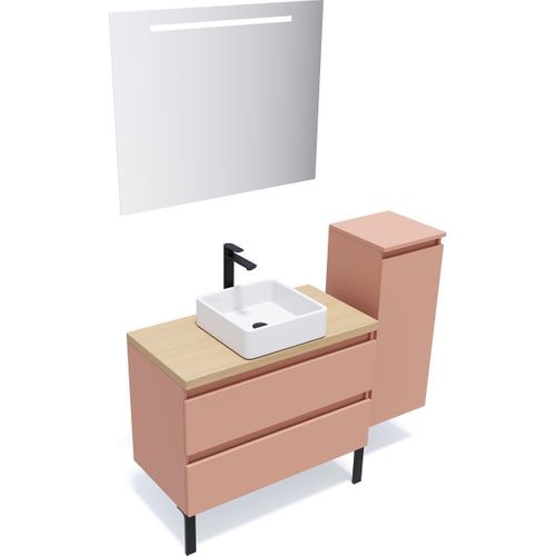 Ensemble Salle De Bain Vasque Posée 90cm 2 Tiroirs Abricot + Miroir + Colonne Droite - Hudson