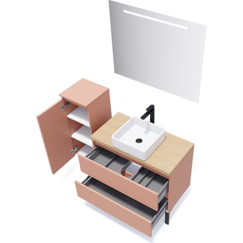 Ensemble Salle De Bain Vasque Posée 90cm 2 Tiroirs Abricot + Miroir + Colonne Gauche - Hudson