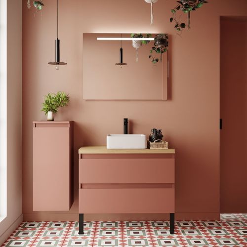 Ensemble Salle De Bain Vasque Posée 90cm 2 Tiroirs Abricot + Miroir + Colonne Gauche - Hudson