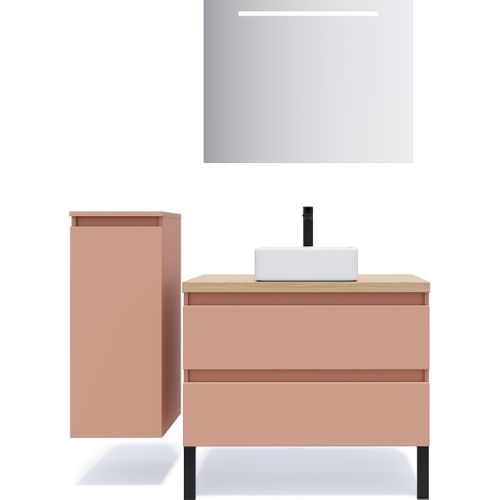 Ensemble Salle De Bain Vasque Posée 90cm 2 Tiroirs Abricot + Miroir + Colonne Gauche - Hudson