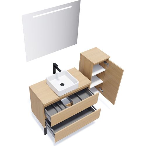 Ensemble Salle De Bain Vasque Posée 90cm 2 Tiroirs Chêne + Miroir + Colonne Droite - Hudson