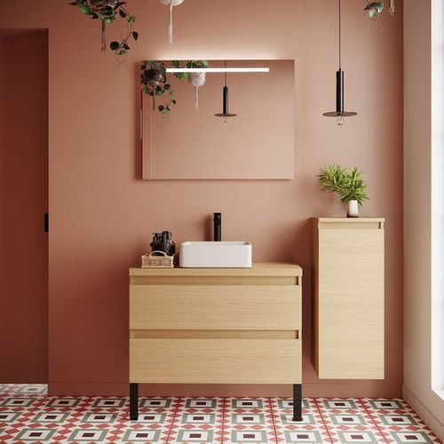 Ensemble Salle De Bain Vasque Posée 90cm 2 Tiroirs Chêne + Miroir + Colonne Droite - Hudson