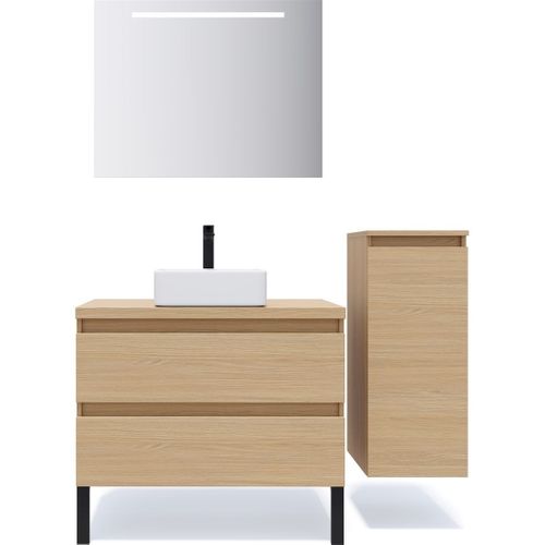 Ensemble Salle De Bain Vasque Posée 90cm 2 Tiroirs Chêne + Miroir + Colonne Droite - Hudson
