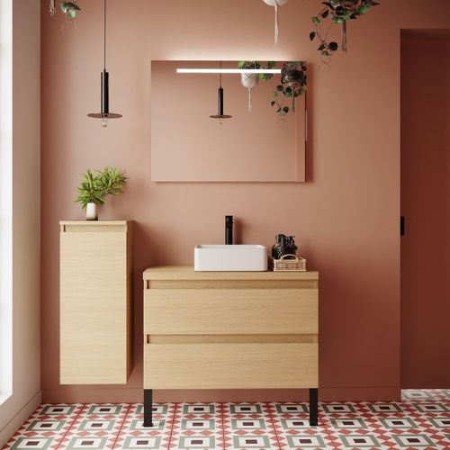 Ensemble Salle De Bain Vasque Posée 90cm 2 Tiroirs Chêne + Miroir + Colonne Gauche - Hudson