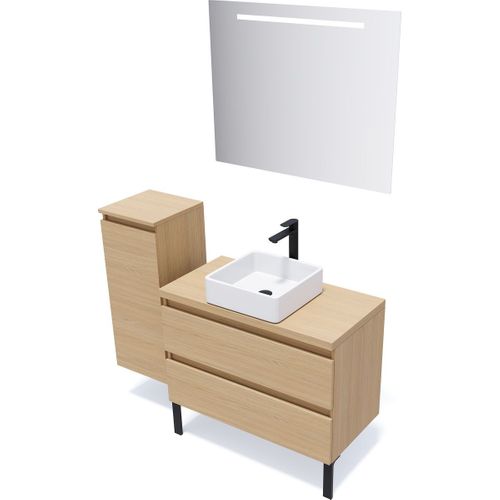 Ensemble Salle De Bain Vasque Posée 90cm 2 Tiroirs Chêne + Miroir + Colonne Gauche - Hudson