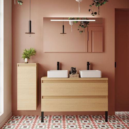Meuble De Salle De Bain 2 Vasques Posées 120cm 2 Tiroirs Chêne - Hudson