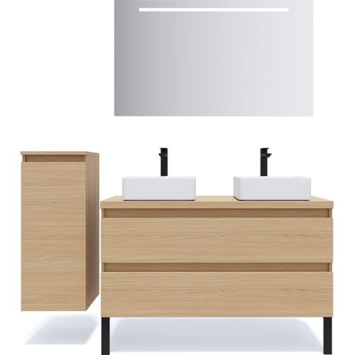 Meuble De Salle De Bain 2 Vasques Posées 120cm 2 Tiroirs Chêne - Hudson