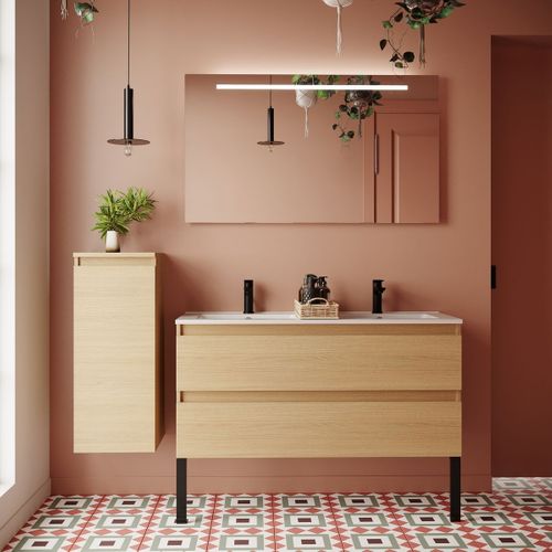 Meuble De Salle De Bain Double Vasque 120cm 2 Tiroirs Chêne + Miroir - Hudson