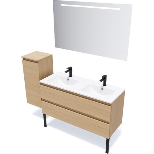 Meuble De Salle De Bain Double Vasque 120cm 2 Tiroirs Chêne + Miroir - Hudson