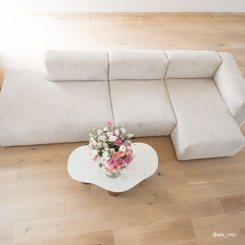 Canapé D'angle à Droite Avec Méridienne 5 Places En Velours Côtelé Beige - Modulo