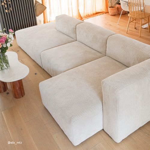 Canapé D'angle à Droite Avec Méridienne 5 Places En Velours Côtelé Beige - Modulo