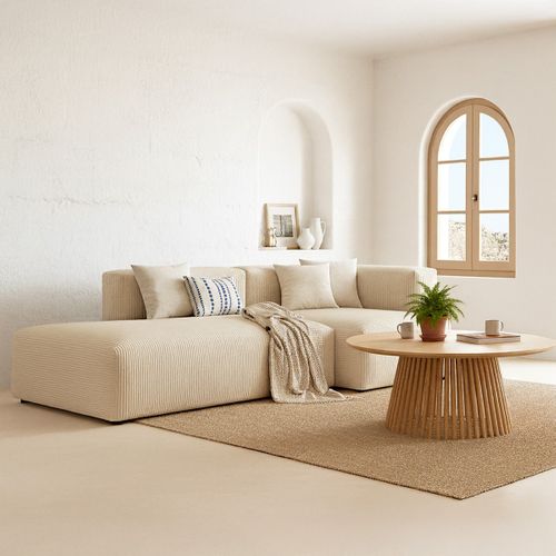 Canapé D'angle à Droite Avec Méridienne 3/4 Places En Velours Côtelé Beige - Modulo