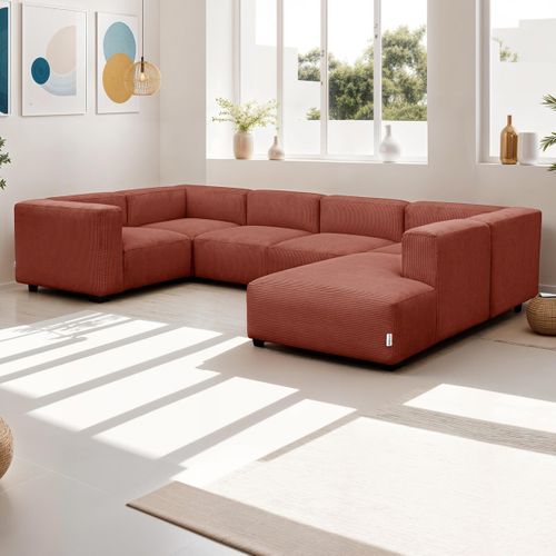Canapé Modulable Panoramique 9 Places Ouvert à Droite + Pouf En Velours Côtelé Rouille - Modulo
