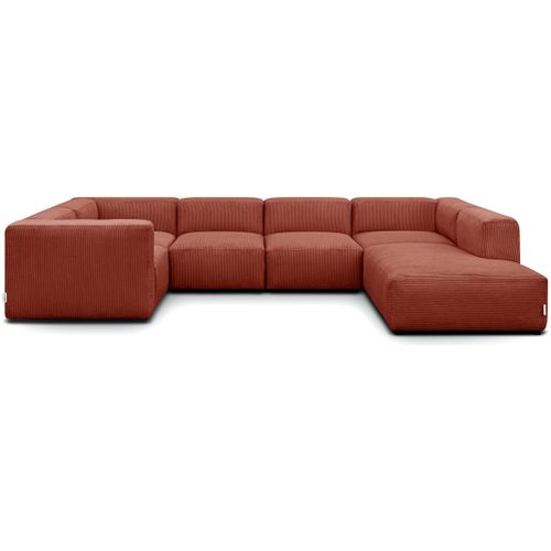 Canapé Modulable Panoramique 9 Places Ouvert à Droite + Pouf En Velours Côtelé Rouille - Modulo