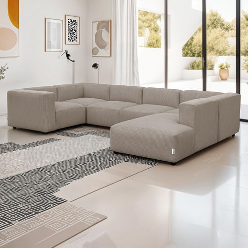 Canapé Modulable Panoramique 9 Places Ouvert à Droite + Pouf En Velours Côtelé Taupe - Modulo