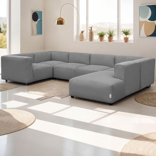 Canapé Modulable Panoramique 9 Places Ouvert à Droite + Pouf En Velours Côtelé Gris Clair - Modulo