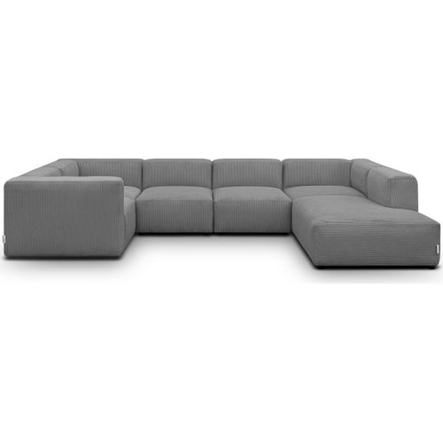 Canapé Modulable Panoramique 9 Places Ouvert à Droite + Pouf En Velours Côtelé Gris Clair - Modulo