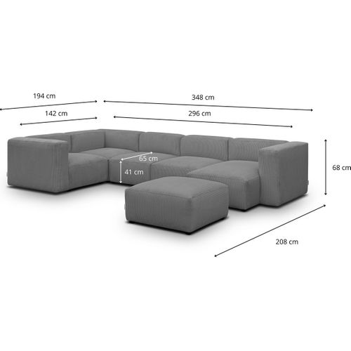 Canapé Modulable Panoramique 6 Places, Méridienne à Droite + Pouf En Velours Côtelé Gris - Modulo