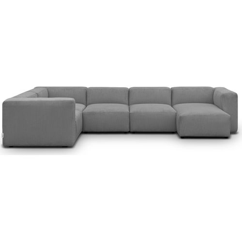 Canapé Modulable Panoramique 6 Places, Méridienne à Droite + Pouf En Velours Côtelé Gris - Modulo