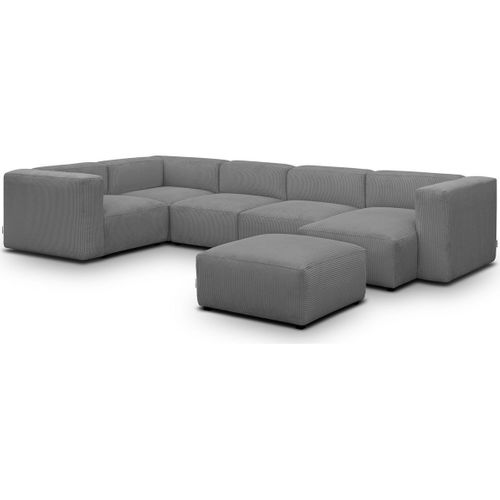 Canapé Modulable Panoramique 6 Places, Méridienne à Droite + Pouf En Velours Côtelé Gris - Modulo