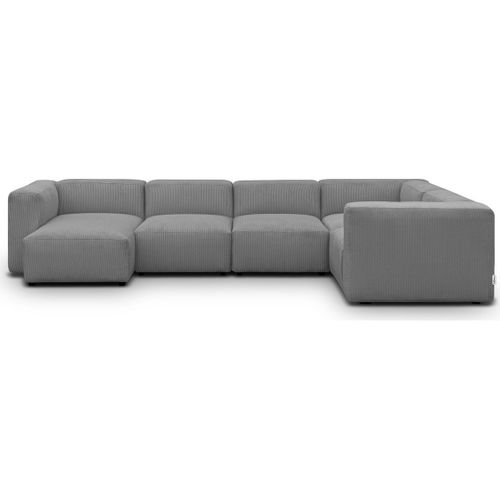 Canapé Modulable Panoramique 6 Places, Méridienne à Gauche + Pouf En Velours Côtelé Gris - Modulo