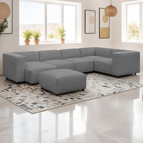 Canapé Modulable Panoramique 6 Places, Méridienne à Gauche + Pouf En Velours Côtelé Gris - Modulo