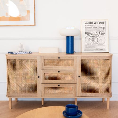 Buffet 2 Portes 3 Tiroirs Couleur Chêne Et Cannage 150 Cm - Bali