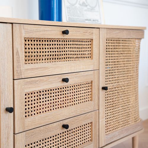 Buffet 2 Portes 3 Tiroirs Couleur Chêne Et Cannage 150 Cm - Bali