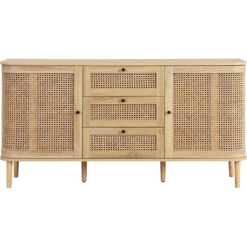 Buffet 2 Portes 3 Tiroirs Couleur Chêne Et Cannage 150 Cm - Bali