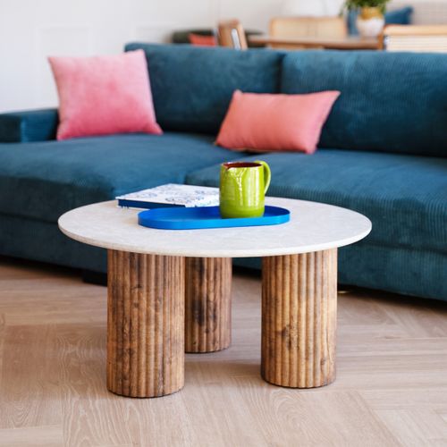 Table Basse Ronde Effet Marbre Blanc Et Bois Ø 80 Cm - Stone