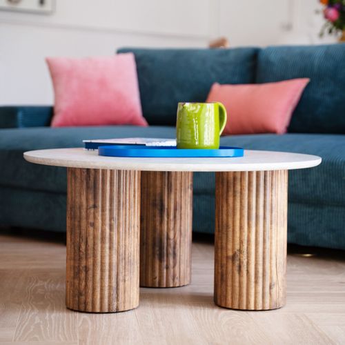 Table Basse Ronde Effet Marbre Blanc Et Bois Ø 80 Cm - Stone
