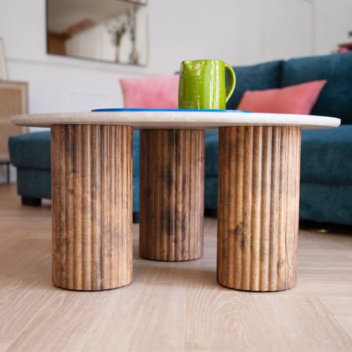 Table Basse Ronde Effet Marbre Blanc Et Bois Ø 80 Cm - Stone