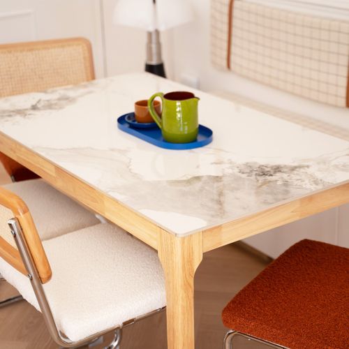 Table à Manger En Céramique Effet Pierre Blanche 6 Personnes, Piètement Bois 140 Cm - Sally