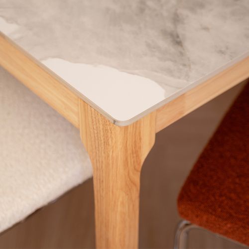 Table à Manger En Céramique Effet Pierre Blanche 6 Personnes, Piètement Bois 140 Cm - Sally