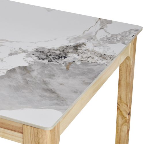 Table à Manger En Céramique Effet Pierre Blanche 6 Personnes, Piètement Bois 140 Cm - Sally