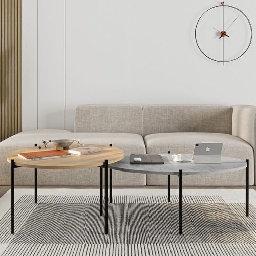Lot De 2 Tables Basses Gigognes Effet Chêne Et Effet Marbre Gris - Loris