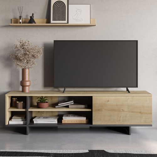 Meuble TV 1 Porte Décor Chêne Et Noir 160 Cm - Alicia