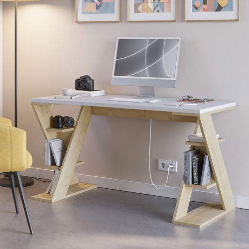 Bureau Blanc Avec Piètement En Bois Massif 137 Cm Milan