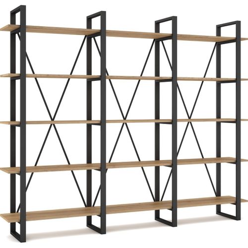 Bibliothèque 4 Niveaux En Métal Noir Et Effet Chêne 217.5 Cm - Genna