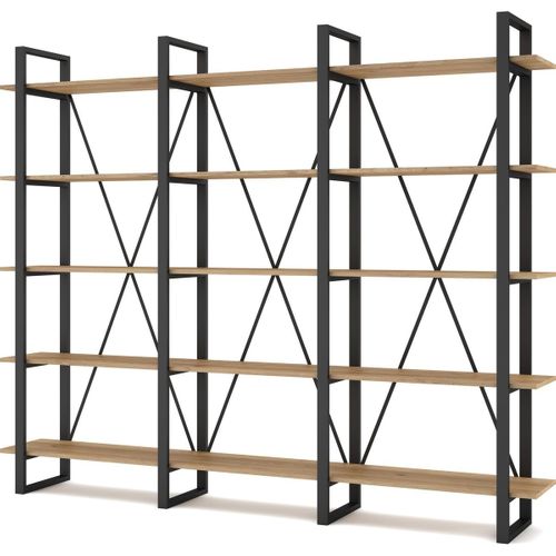 Bibliothèque 4 Niveaux En Métal Noir Et Effet Chêne 217.5 Cm - Genna