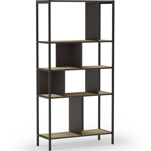 Bibliothèque 4 Niveaux En Métal Noir Et Effet Chêne 88 Cm - Rita