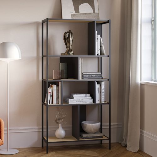Bibliothèque 4 Niveaux En Métal Noir Et Effet Chêne 88 Cm - Rita
