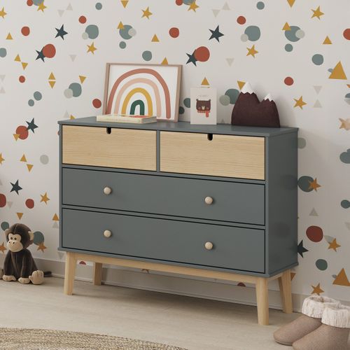 Commode Enfant 4 Tiroirs En Bois Vert Kaki 100 Cm - Lucy