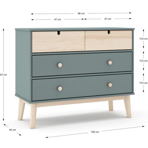 Commode Enfant 4 Tiroirs En Bois Vert Kaki 100 Cm - Lucy