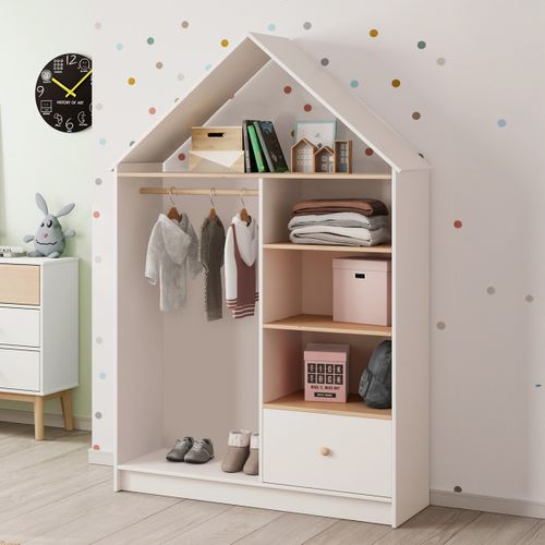 Penderie Cabane Enfant 1 Tiroir En Bois Blanc 110 Cm - Lucy