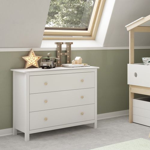Commode Enfant 3 Tiroirs En Bois Massif Blanc 100 Cm - Melvin