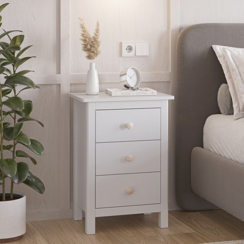 Table De Chevet Enfant 3 Tiroirs En Bois Massif Blanc - Melvin