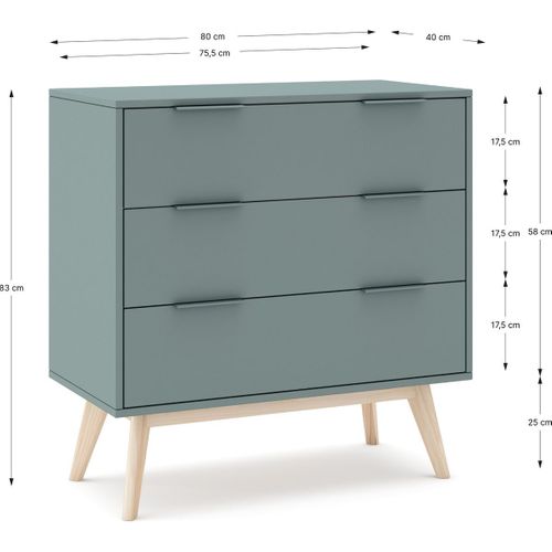Commode 3 Tiroirs En Bois Vert Kaki 80 Cm - Piera